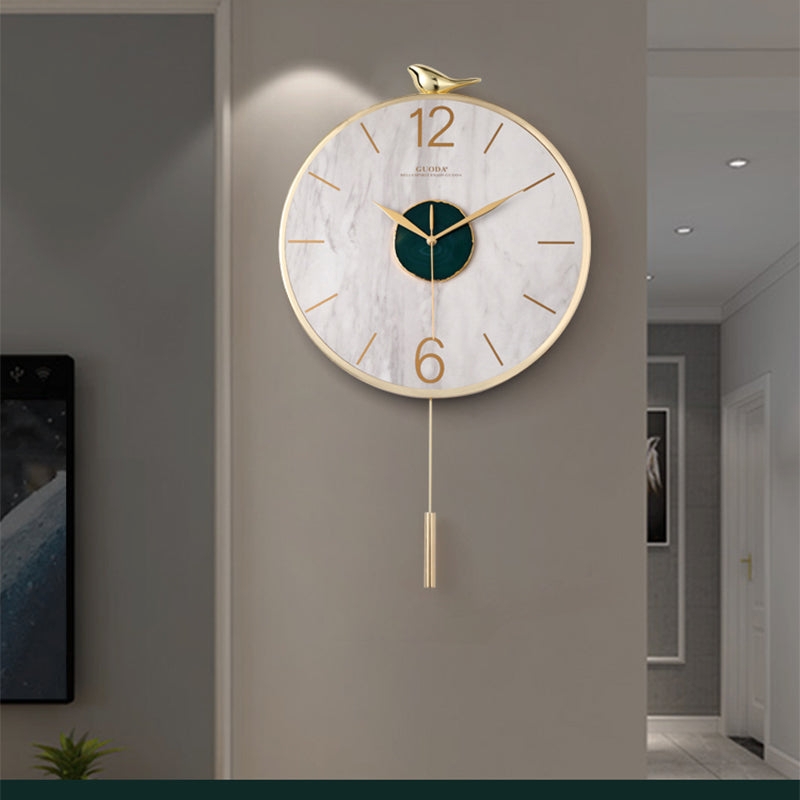 Wall Clock Abstract Agate Style Face Gold Outer Ring Roman Numerals