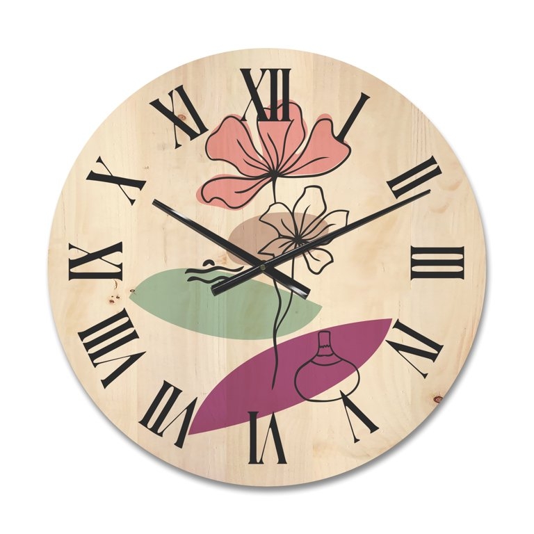Wall Clock, Abstract Botanical Print, Terracotta & Teal Palette