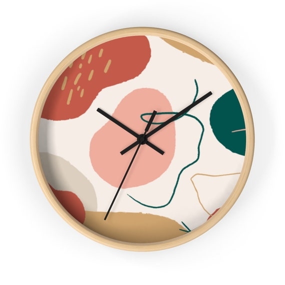 Wall Clock Abstract Landscape Dial Wood Rim Terracotta Boho Decor