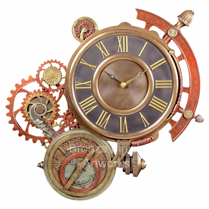 Wall Clock Astronomical Dials Exposed Gears Dark Wood Steampunk