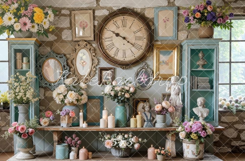 Wall Clock Backdrop Vintage Portrait Photography Studio Shabby Chic