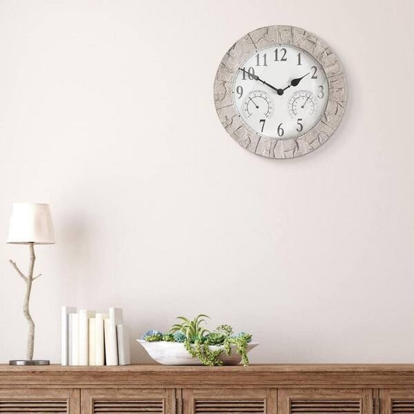 Wall Clock Beige Thermometer Hygrometer Analog Utilitarian Weather