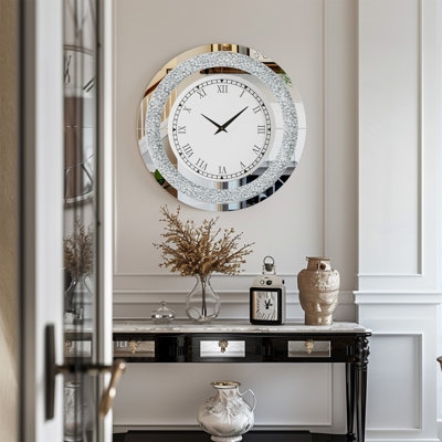 Wall Clock Beveled Edges Crushed Crystal Mirrored Glam Decor