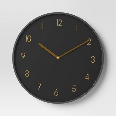 Wall Clock, Black Face with Brass-Toned Dash Markers