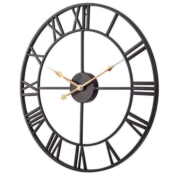 Wall Clock Black Metal Round Open-Frame Gold-Toned Hands