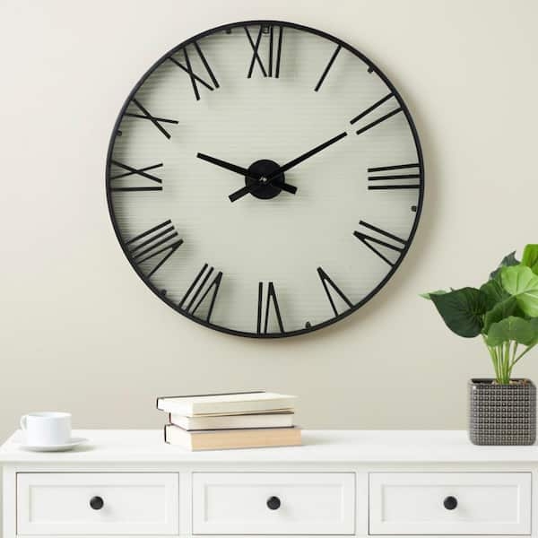Wall Clock Black Metal Skeleton Dial Roman Numerals Large Decor