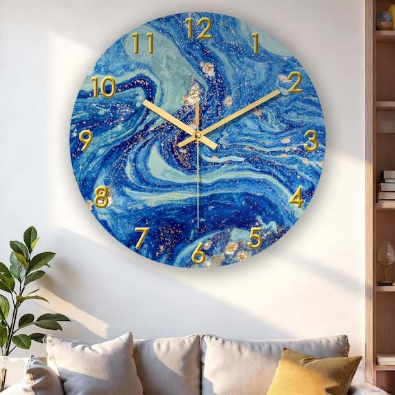 Wall Clock Blue Marble Style Glass Dial Gold Hands Abstract Face