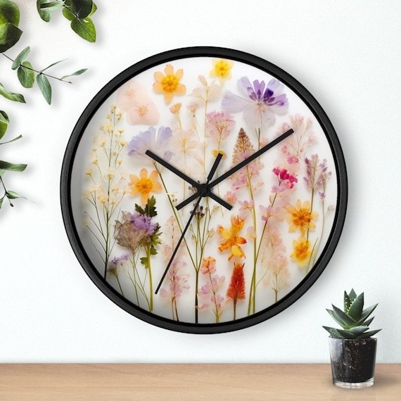Wall Clock, Botanical Wildflower Print, Butterfly Detail, Gold Hands