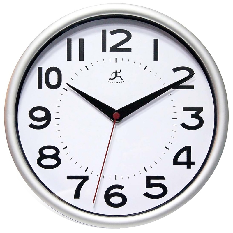 Wall Clock Brushed Silver Case Bold Numerals Red Second Hand