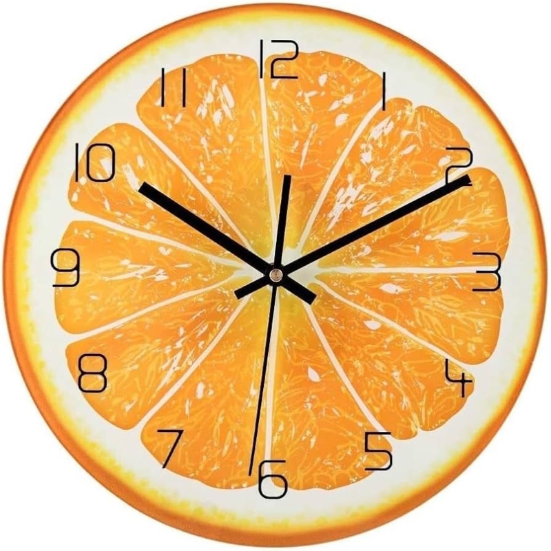 Wall Clock, Citrus Motif, Fruit Shape, Tempered Glass, Playful Accent