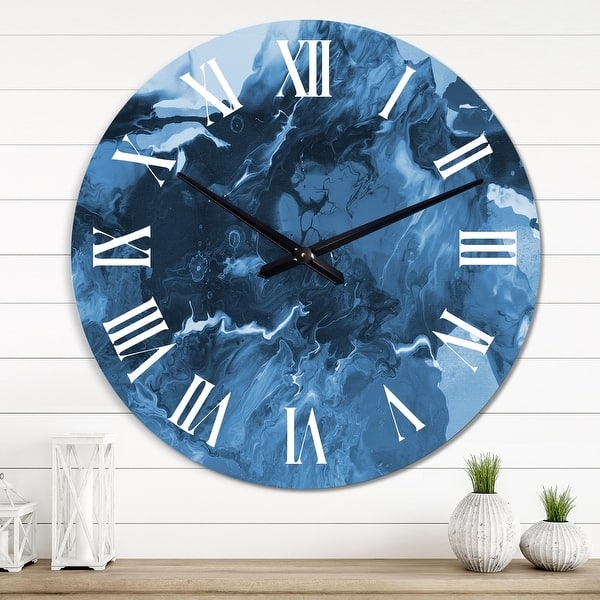 Wall Clock Contemporary Frameless Design Liquid Effect Navy Blue Gold