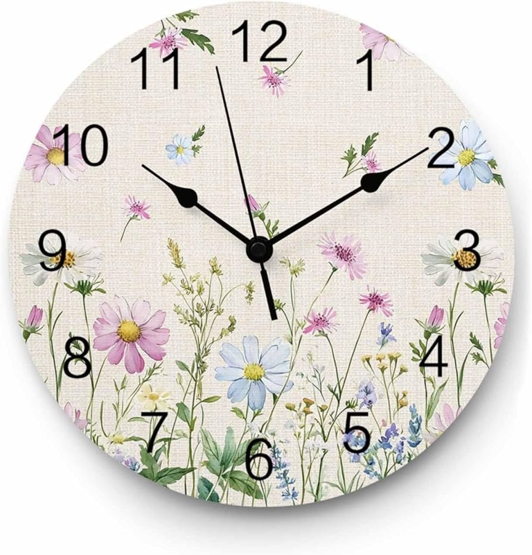 Wall Clock, Delicate Watercolor Floral Print, Numberless Face
