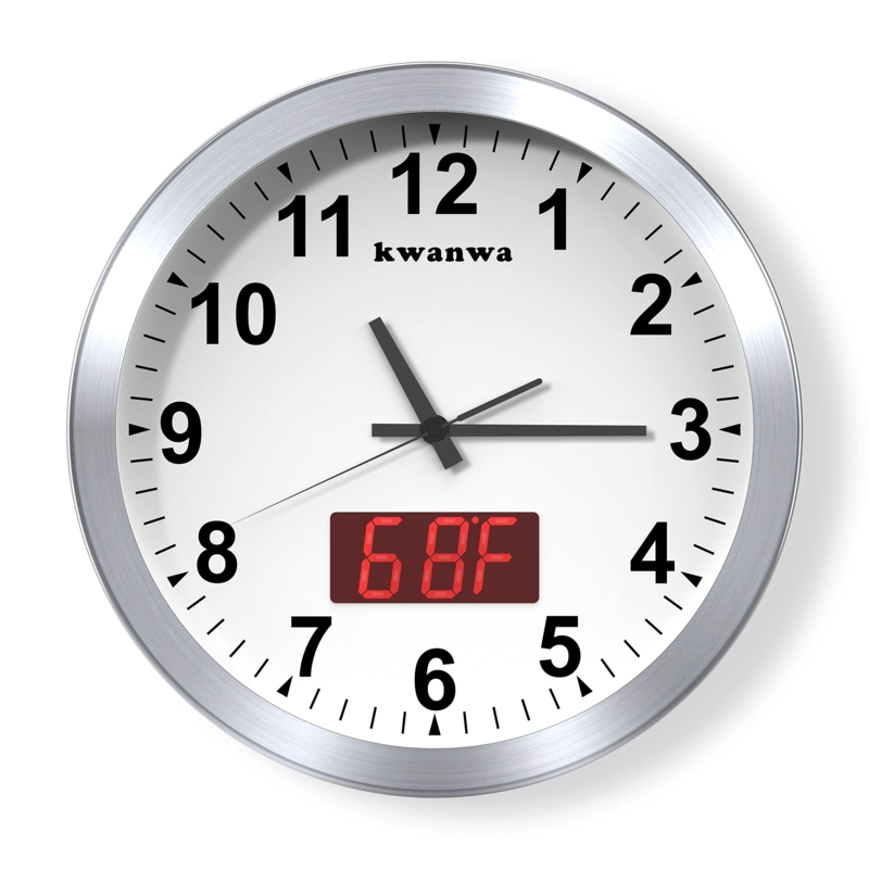Wall Clock Digital Analog Hybrid Red LED Brushed Metal Frame