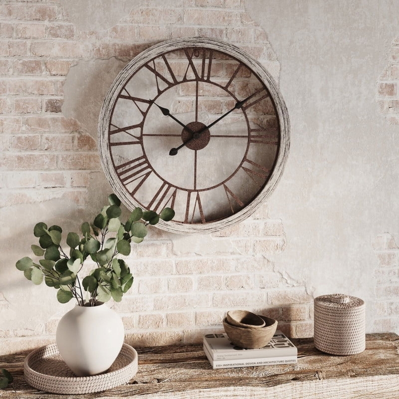 Wall Clock Distressed Farmhouse Open Frame Cream Finish Roman Numerals