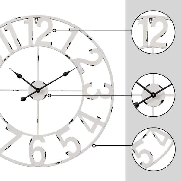 Wall Clock Distressed White Oversized Open Frame Shabby Chic