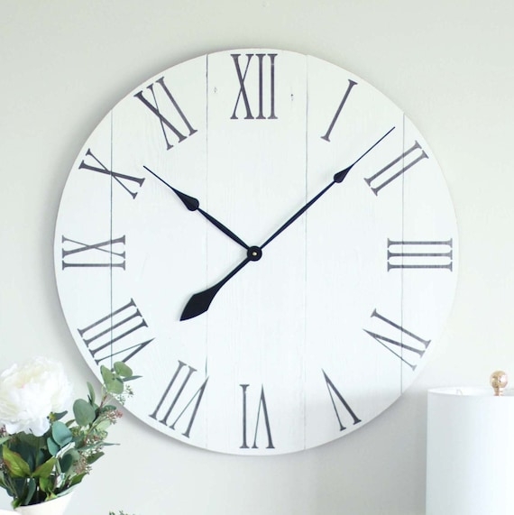 Wall Clock Distressed White Plank Face Large Scale Farmhouse