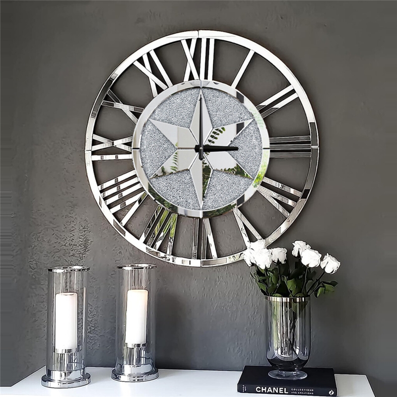 Wall Clock Faceted Crystal Border Mirrored Frame Polished