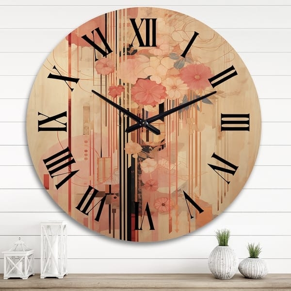 Wall Clock, Faded Boho Floral Collage, Wood Grain Background