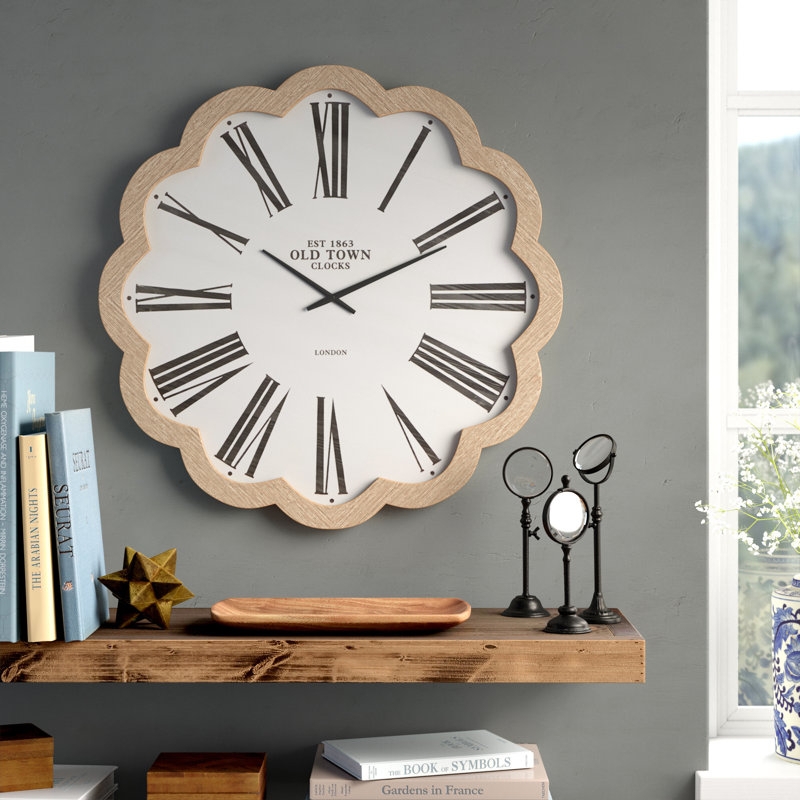 Wall Clock Floral Silhouette Scalloped Edge Wood Toned Frame Rustic
