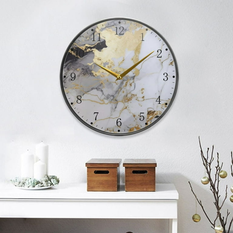 Wall Clock Frameless Black & White Marble Print with Gold Hands