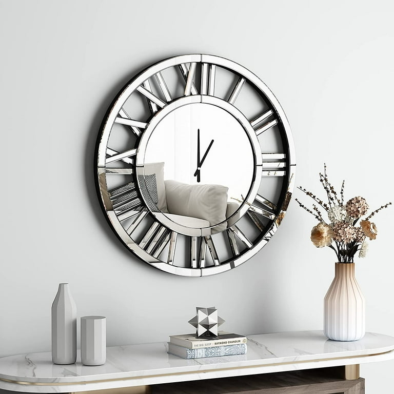 Wall Clock Frameless Mirrored Glass Modern Glam Decor Roman Numerals