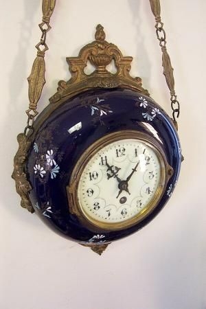 Wall Clock French Cobalt Porcelain, Hand Painted Floral Details