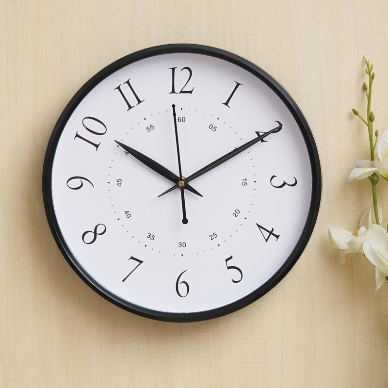 Wall Clock, Functional Round Matte Black Frame, Noiseless Movement