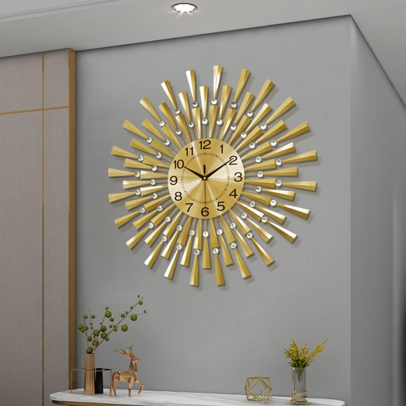Wall Clock Glam Brass Finish Sunburst Design Faceted Crystal Accents