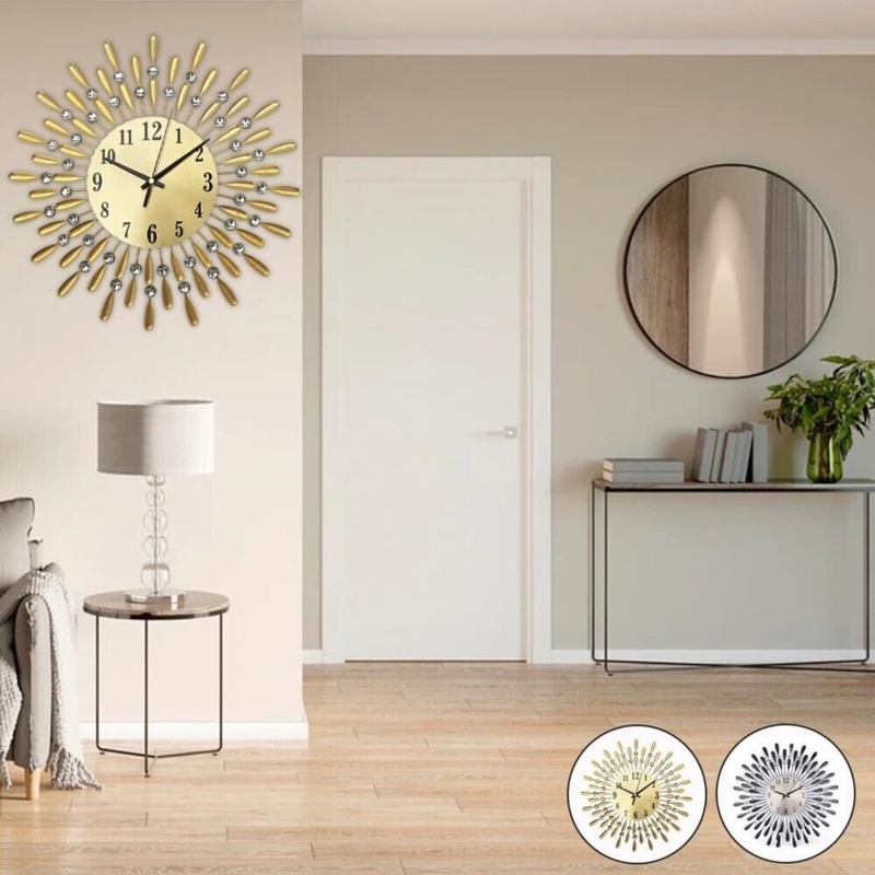 Wall Clock Glam Gold Sunburst Diamante Accents Metallic Finish
