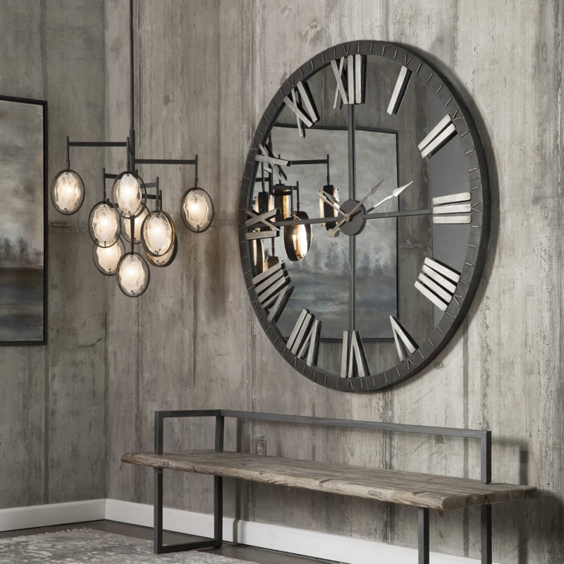 Wall Clock Glam Oversized Faceted Mirrored Frame Roman Numerals