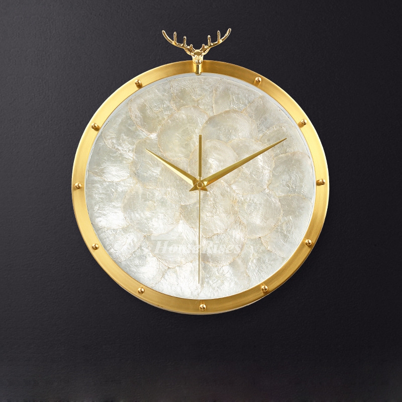 Wall Clock Glam Seashell Dial Deer Emblem Brushed Metal