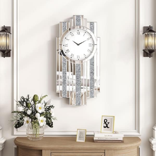 Wall Clock Glam Silver Sunburst Faceted Crystal Metallic