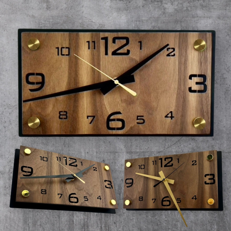 Wall Clock Gold Linear Markers Mid-Century Dark Wood Accents