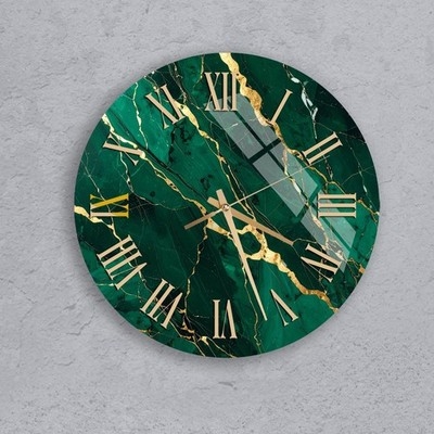 Wall Clock Green Marble Art Veined Pattern Tempered Glass