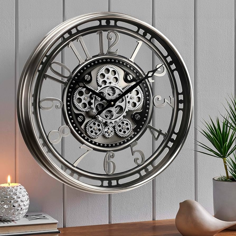 Wall Clock Gunmetal Silver Moving Gears Steampunk Industrial