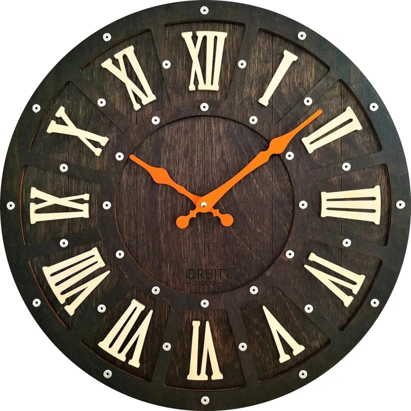 Wall Clock Handcrafted Dark Brown Wood Thick Profile Visible Grain
