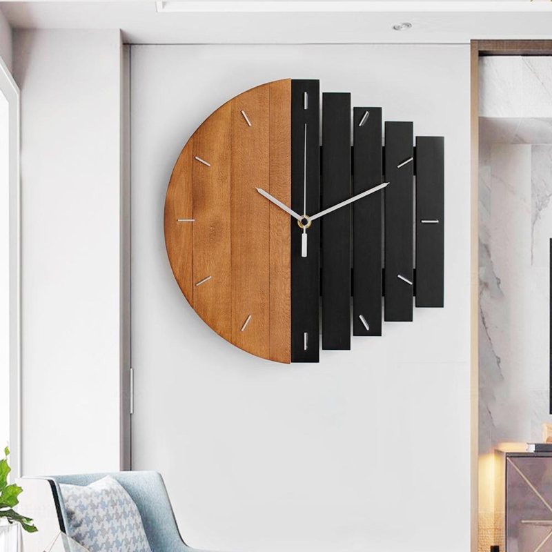 Wall Clock Industrial Abstract Design Wood Plank Center Gold Accents
