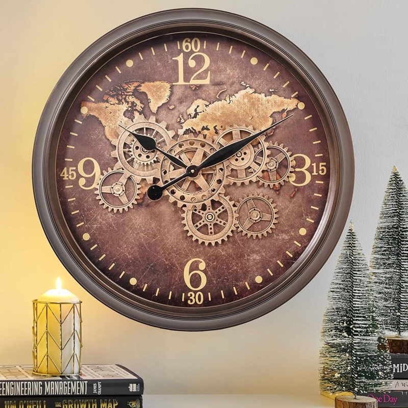 Wall Clock Industrial Exposed Moving Gears World Map Dial Bronze Finish