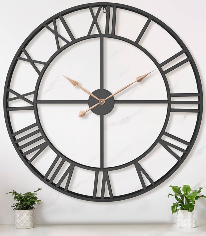 Wall Clock, Industrial Farmhouse Skeleton Design with Roman Numerals