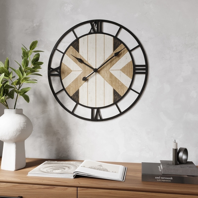 Wall Clock Industrial Metal and Wood Planked Face Open Frame Round