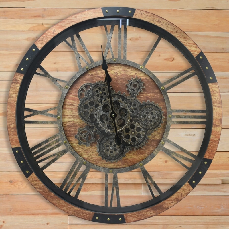 Wall Clock Industrial Moving Gears Bronze Finish Oversized Decor Accent