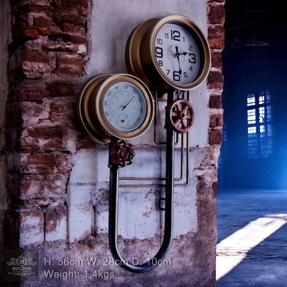 Wall Clock Industrial Plumbing Pipe Frame Red Valve Steampunk Decor