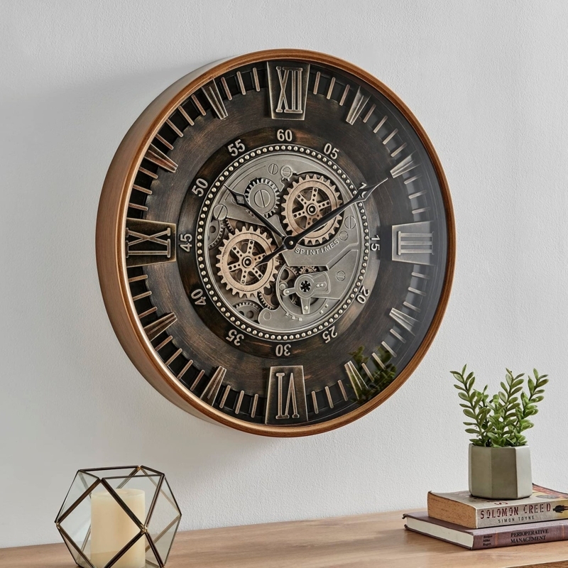 Wall Clock Industrial Real Moving Gears Black Gold-Tone