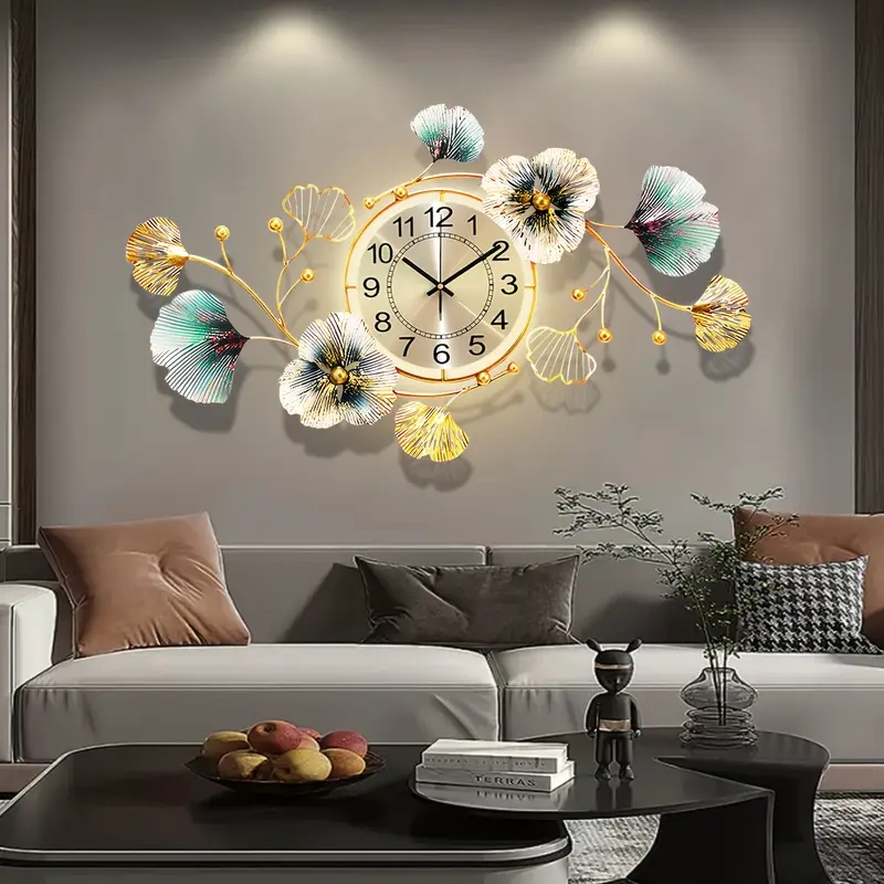 Wall Clock Interlocking Rings Floral Accents LED Gold Metal