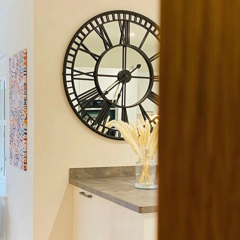 Wall Clock Iron Skeleton Frame Mirrored Panels Industrial Decor