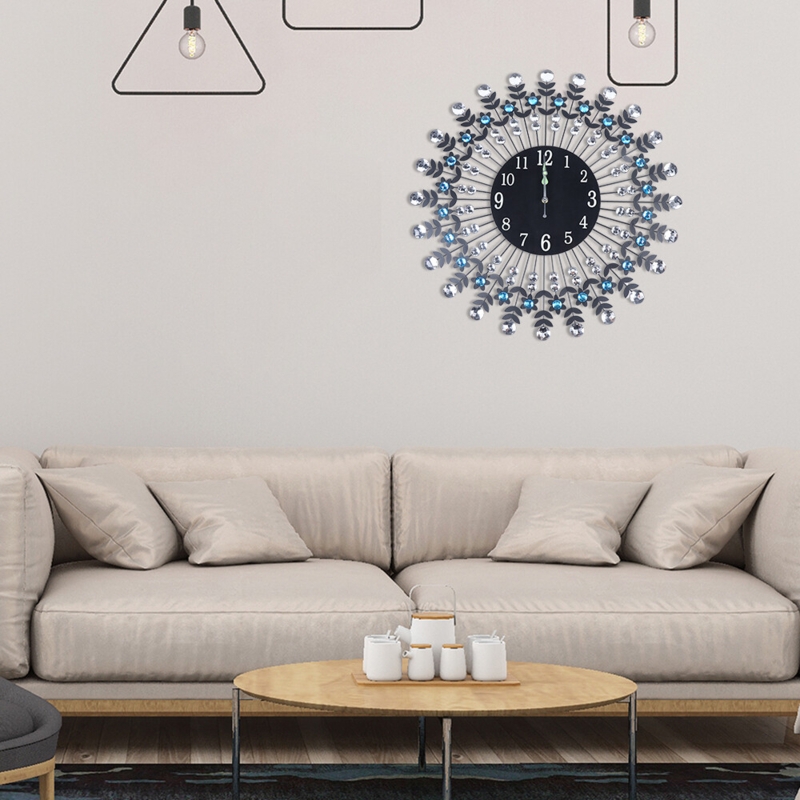 Wall Clock Large Black Sunburst Silhouette Crystal Embellishments