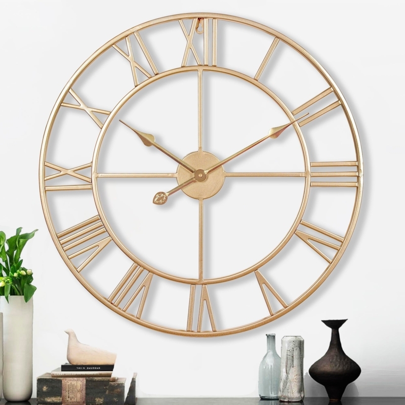 Wall Clock Large Champagne Metallic Skeletal Open Frame Design