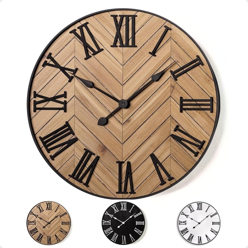 Wall Clock Large Farmhouse Wood and Metal Open Face Roman Numerals