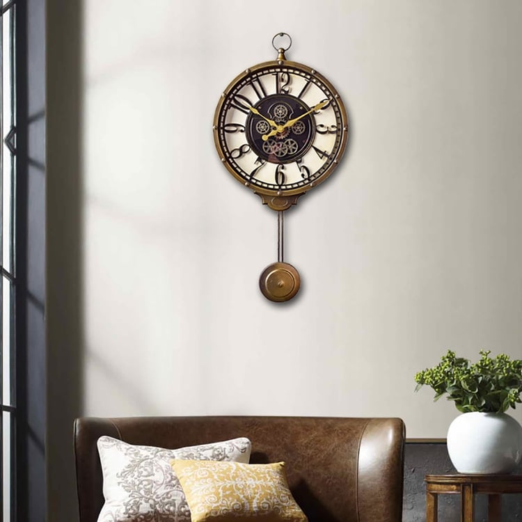 Wall Clock Large Industrial Skeleton Frame Metal Pendulum Bronze Gears