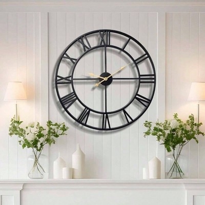 Wall Clock Large Round Open Frame Minimalist Hands Industrial Decor